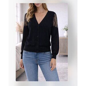 Fuzzi Cardigan Sweater Womens XS Black Sheer Lace Sleeve Button Front Knit Top